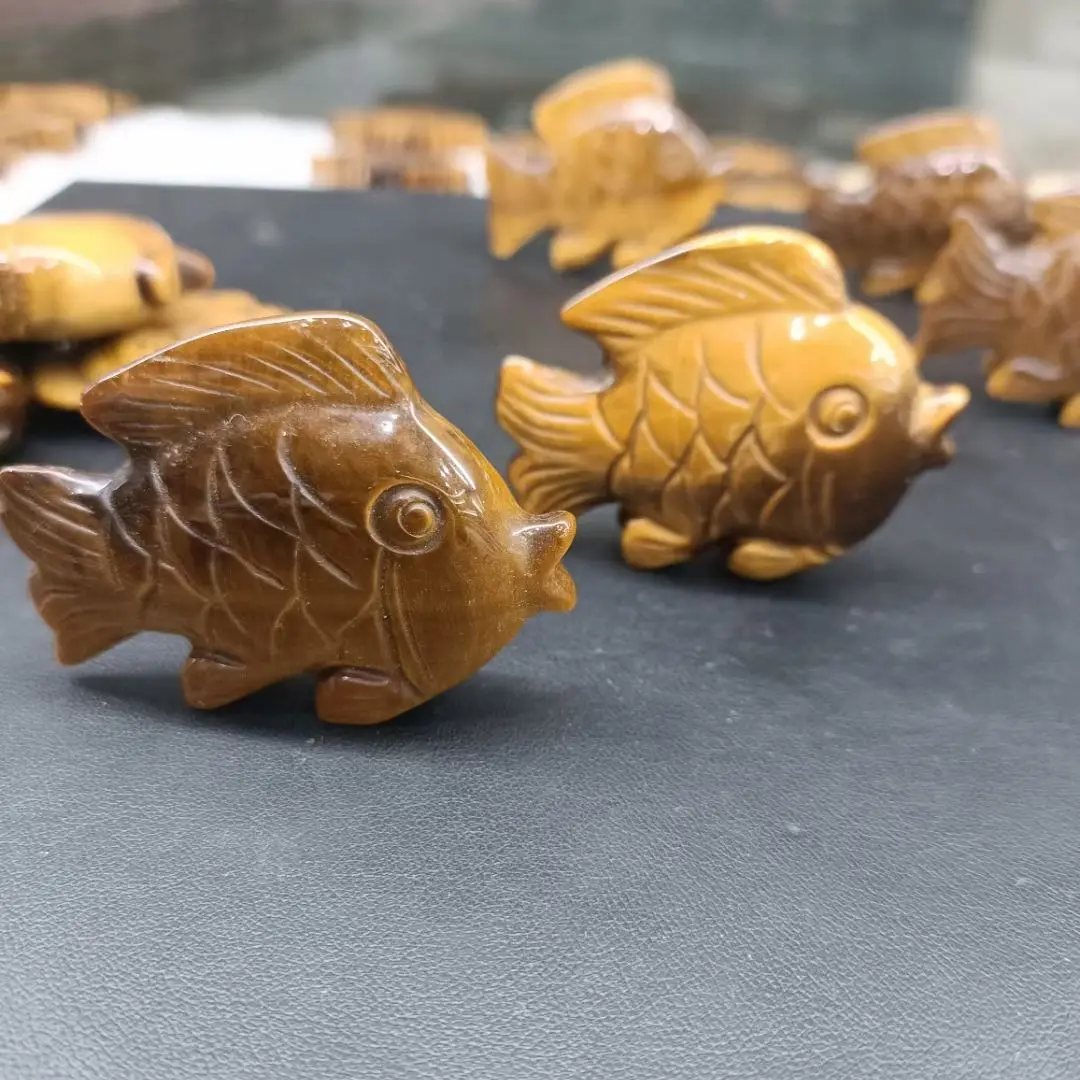 

2pcs 60mm Natural Crystal Gemstone Carvings Polished Tiger Eye Stone Goldfish Figurines For Home Room Decoration