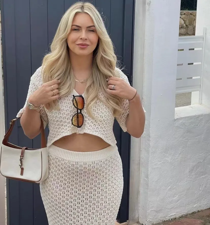 Knit Hollow Out 2 Piece-Set Long Skirt Women's Cropped Top Cardigan And High Waist Maxi Skirt Outfits Female Clothes