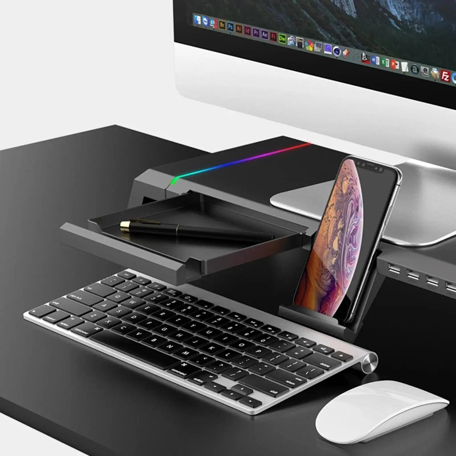 Desktop Computer Monitor Stand Riser Bracket RGB 4 USB Keyboard Tray