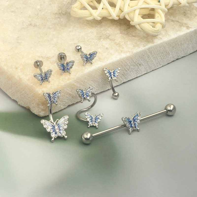 Wholesales Butterfly Navel Belly Button Rings Nose Piercing Industrial Barbell Eyebrow Cartialge Stud Twist Lip piercing Earring