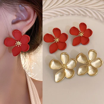 925 Silver Needle Vintage Fashion Red Flower Earrings For Women Jewelry 2025 Trending Women's Korean Gold Color Flowers Earrings