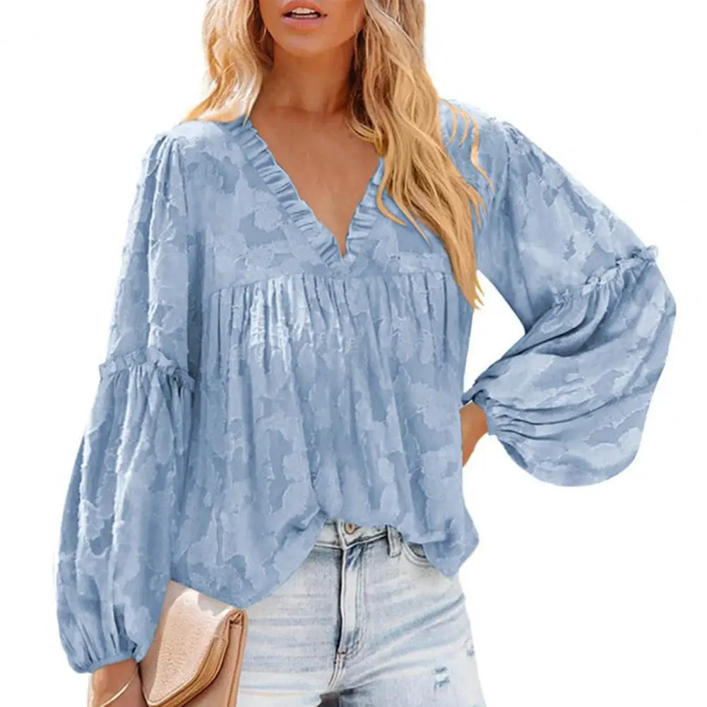 

Charming Casual Shirt V Neck Anti-Pilling Women Shirt Fashion Lantern Long Sleeve Chiffon Shirt