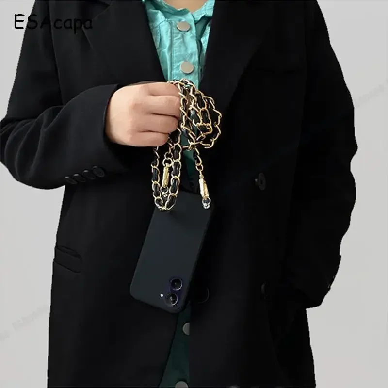 Sleek Metal Leather Chain Crossbody Phone Case with Matte Silicone Finish