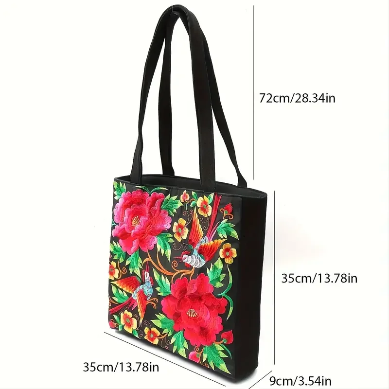 Ethnic Style Flower Embroidery Canvas Tote Shoulder Bag Large Capacity Handbag For Women - Image 3