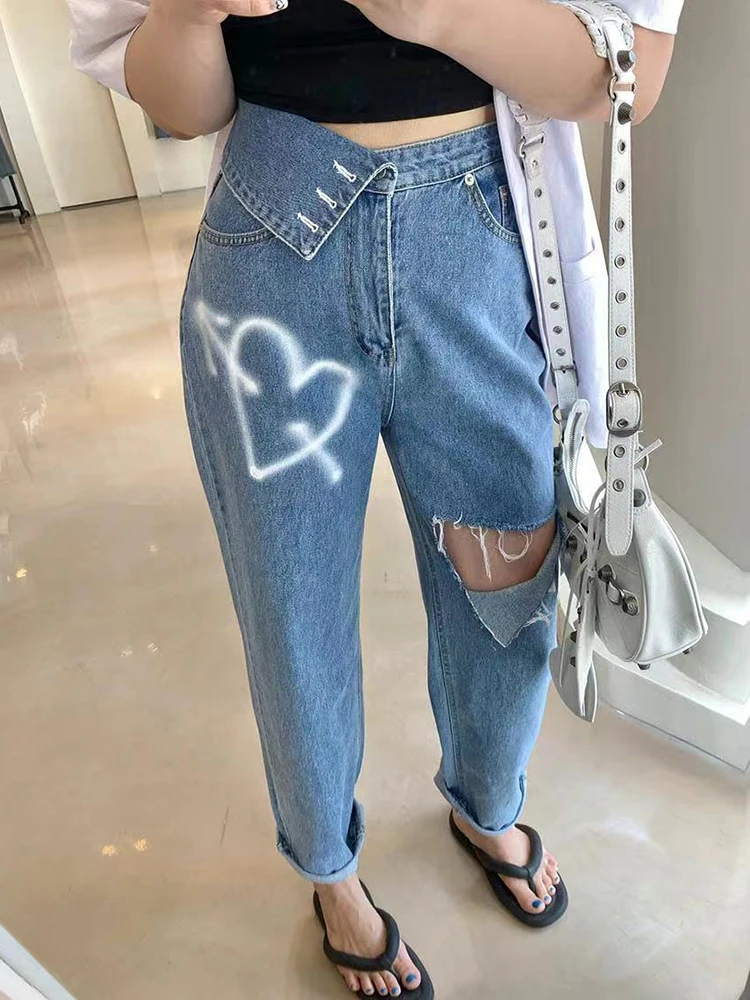 New Irregular Flip Waist Printed Holes Jeans Vintage Ripped Ankle-Length Harem Blue Loose Casual Denim Pants Y2K Trousers Female