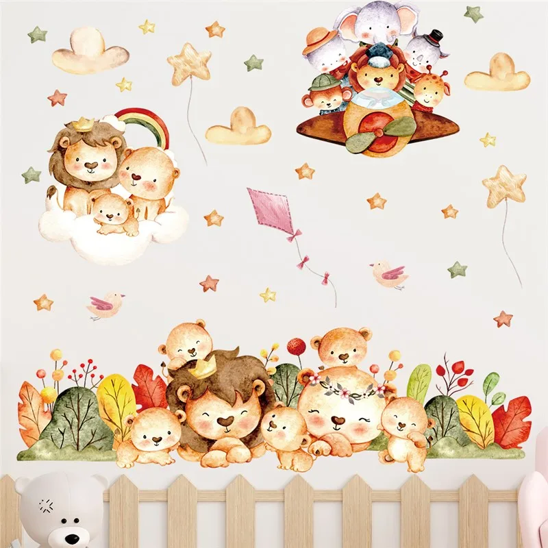 

Happy Lion Elephant Animals Wall Stickers For Kids Bedroom Decoration Africa Safari Mural Art Diy Home Decal Cartoon Pvc Posters