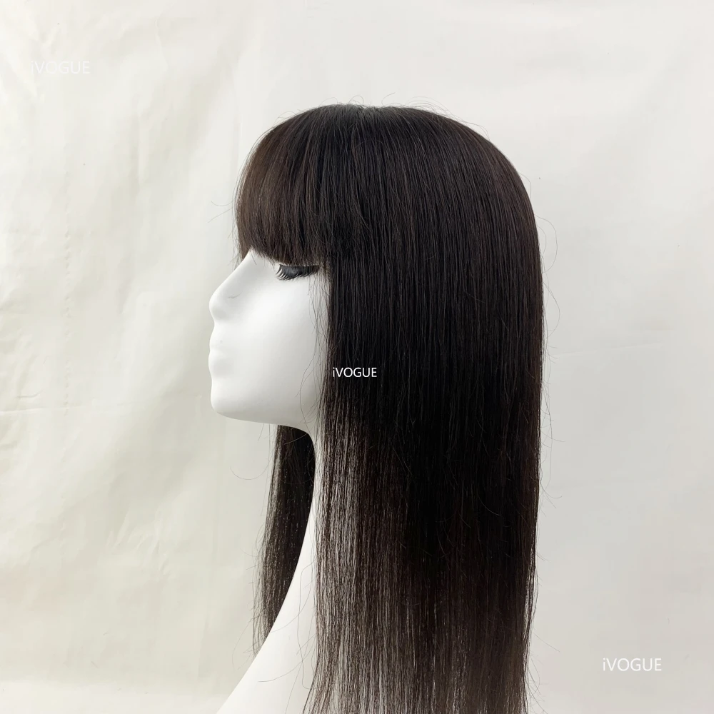 Virgin Eurpoean Human Hair Silk Base Topper With Fringe 4 Clip In Hair Women Toupee 4D Air Bangs Silk Top Hairpiece 12X13cm