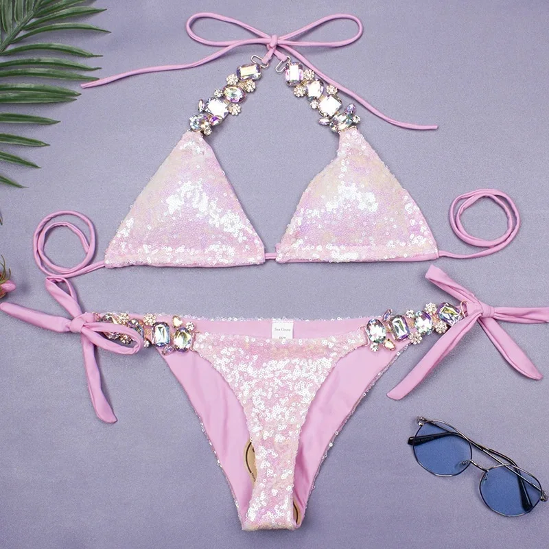 Shiny Sexy Bikinis Swimsuit With Rhinestones Women Swimwear Female Push Up Bikini Beach Swim Wear Bathing Suits Pool Bather 2024