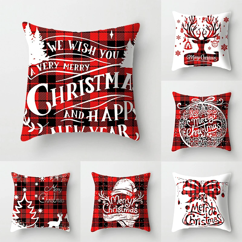 

45x45cm Red White Black Plaid Christmas Pillowcase Ornament Home New Year 2023 Sofa Car Cushion Cover