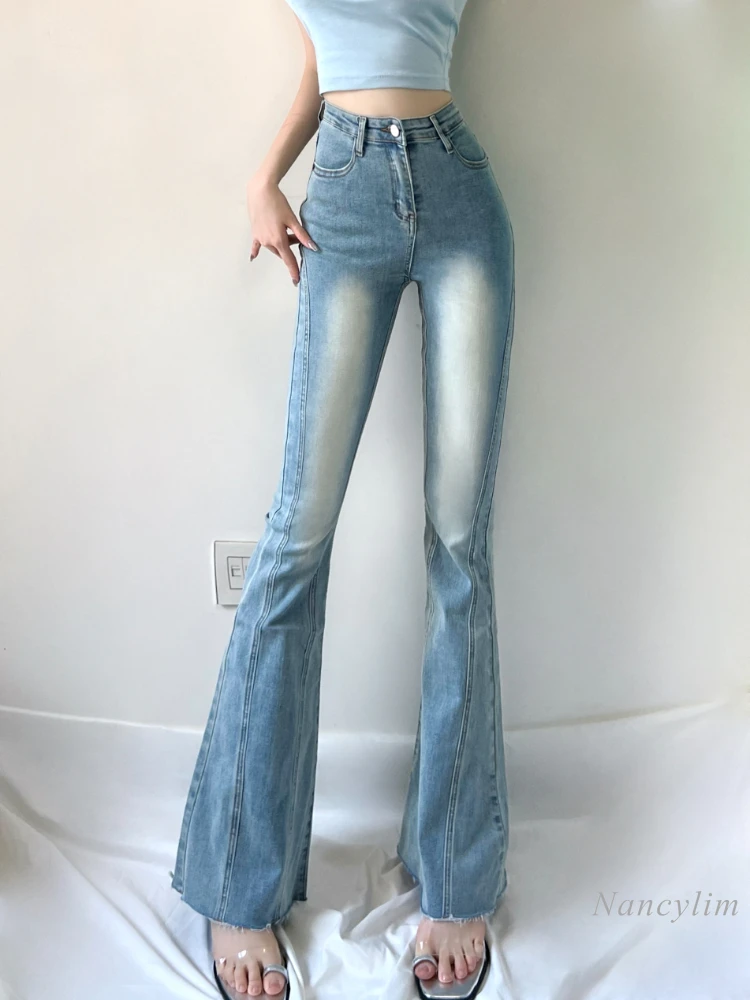 Hot Girl Light Blue Spring Autumn Jeans Women New Retro Vintage Washed Flared Jeans High Waist Slimming Hip Trousers Denim Pants