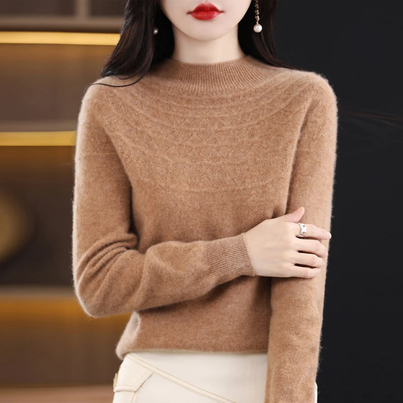 Women's Autumn And Winter First-line Half Height Knitted Sweater 100% Wool Sexy Hollow Out Versatile Top Fashion Pullover NJR 4