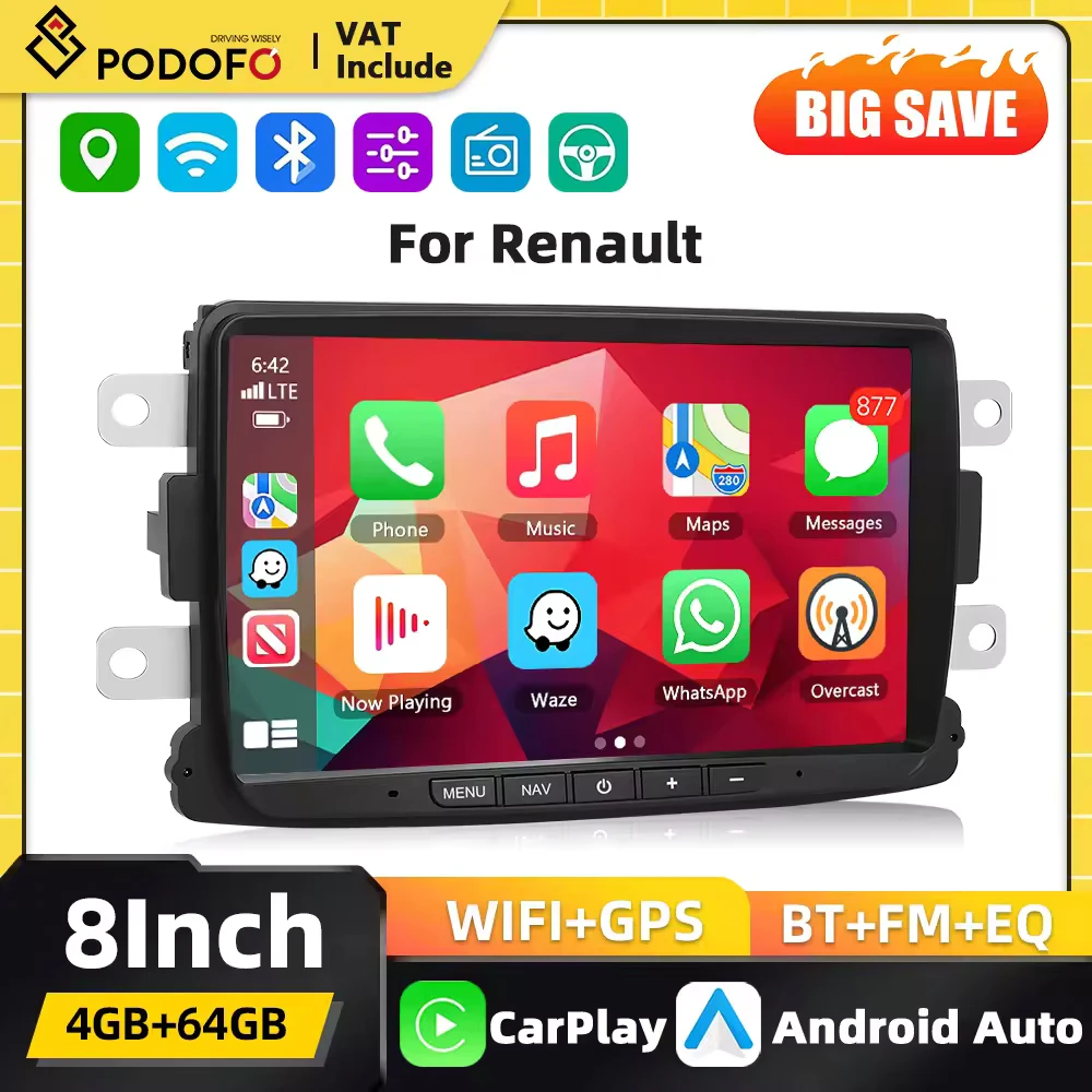 Radio para coche Podofo Carplay Android para Renault Dacia Lodgy Sandero Logon Captur con GPS, navegación, WIFI, Android Auto, FM, RDS y EQ 1