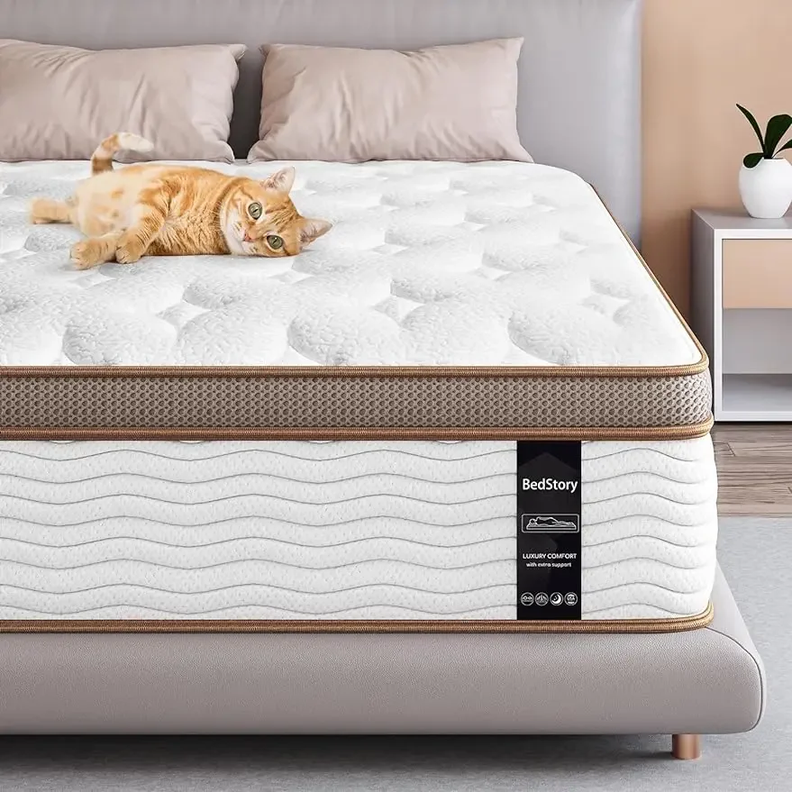 

BedStory King Mattress - Made in USA - 14 Inch Hybrid Mattress Medium Feel, Individually Wrapped Coils for Pressure Relief &