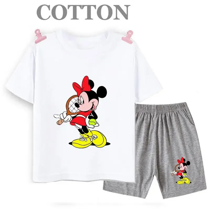 thumbnail image 1 of Conjunto de pantalones cortos de manga corta de verano para niños, camiseta de dibujos animados de Disney Mickey y pantalones, conjunto de 2 piezas, ropa linda para niñas y niños pequeños, 1 of 5