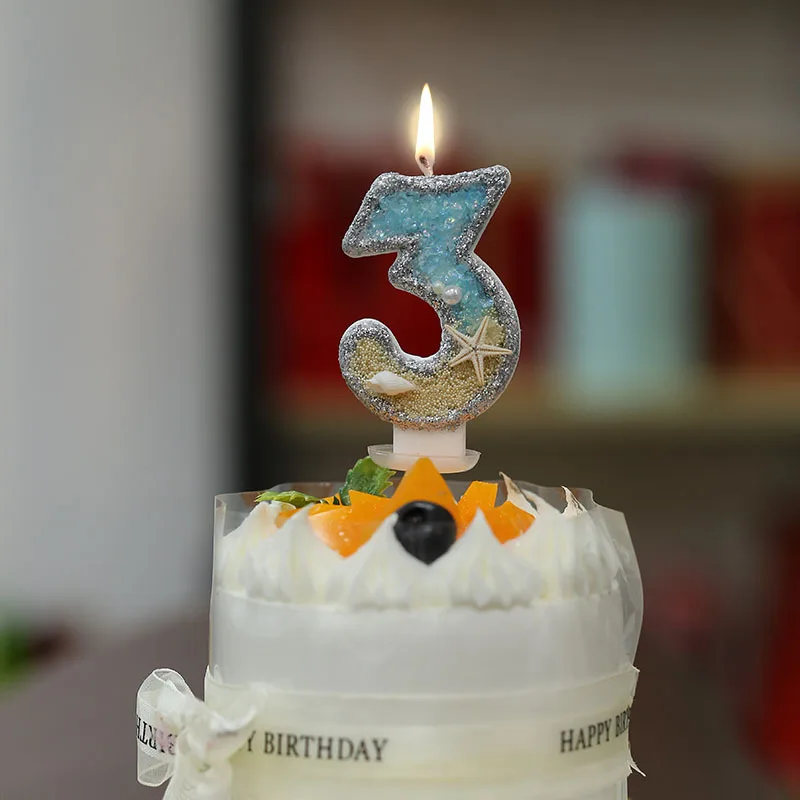 3inch Birthday Candle Large Number 4 Candle Marine style Beach Starfish Seashells Cake Topper for Kids Birthday Party Decoration cake topper