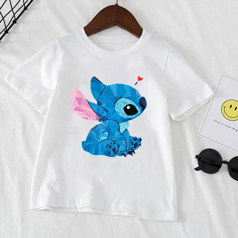 Kawaii Disney Stitch Boy Girl Clothes Cartoon T Shirt For Child T-Shirt White Short Sleeve Graphic Kid Tee 6