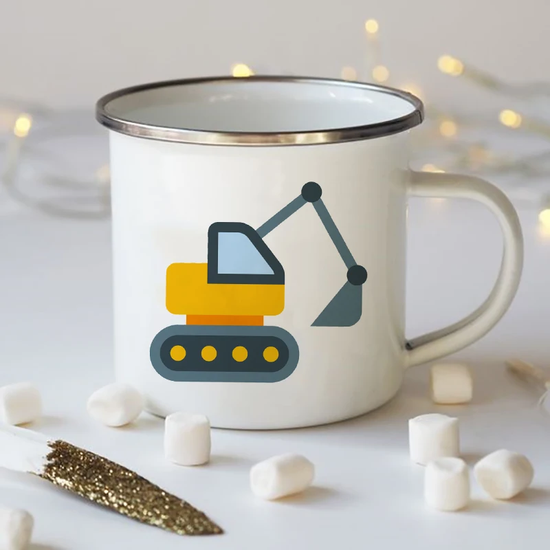

Cartoon Excavator Print Creative Enamel Water Cup Drink Dessert Breakfast Milk Cups Kid Mugs Handle Mug Drinkware Birthday Gifts