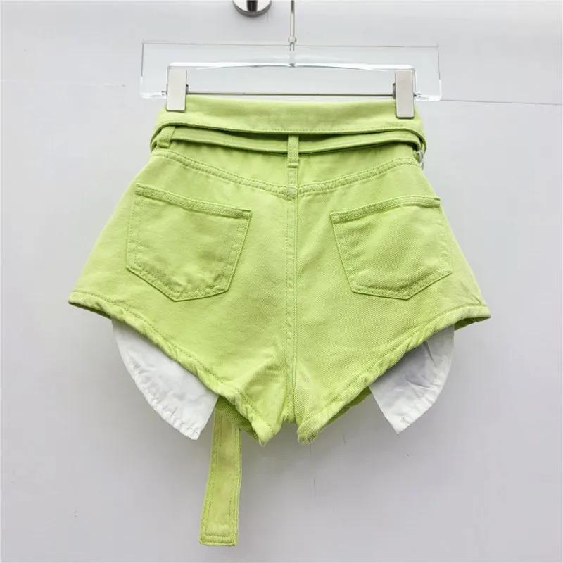 Women Shorts Green Fashion Flanging High Waist Wide-Leg A- Line Shorts 2024 Summer New Hot Girl Style Pocket Denim Hot Pants