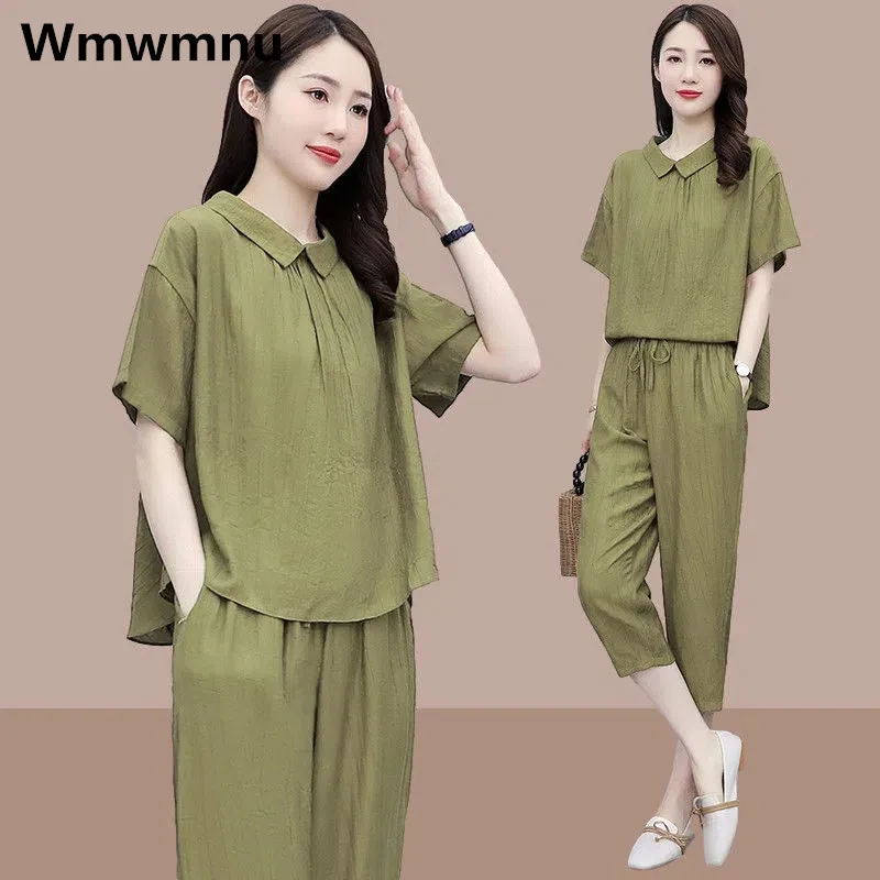 Design Cotton Lined Lace-up Two Piece Set Fashion Elegant Short Sleeve Blouse Ensembles Baggy Wide Leg Capris Pants Conjuntos