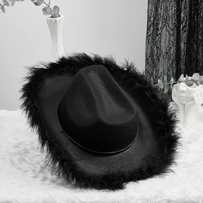 Women's Cowboy Hats Adult Solid Color Furry Trim Wide Brim Hat for Dating Party Outdoor Camping Christmas Decorations