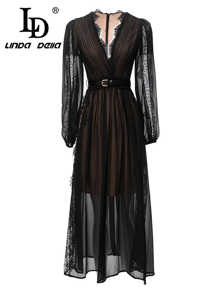

LD LINDA DELLA 2023 летнее подиумное дизайнерское винтажное платье женское черное кружевное платье с v-образным вырезом и поясом прозрачное ДРАПИРОВАННОЕ шифоновое платье