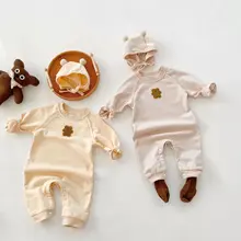 

Cute Cartoon Bear Baby Long Sleeve Romper + Hat Kids Loose Casual Jumpsuit Spring Autumn Newborn Girl Soft Cotton Clothes