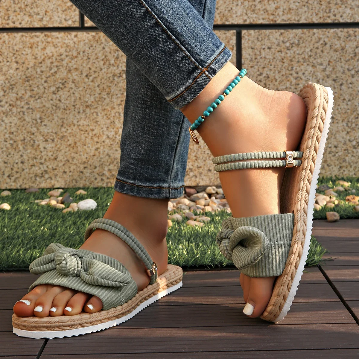 Fashion Corduroy Bow Flat Sandals Women Lightweight Non Slip Outdoor Slippers Woman 2025 Summer Casual Soft Sole Beach Sandals