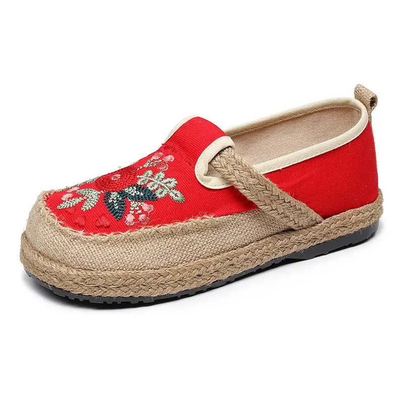 Flats Women Shoes 2021 New Cotton Linen Embroider Retro Concise Round Toe Flower National Style Handmade Ladies Shoes 