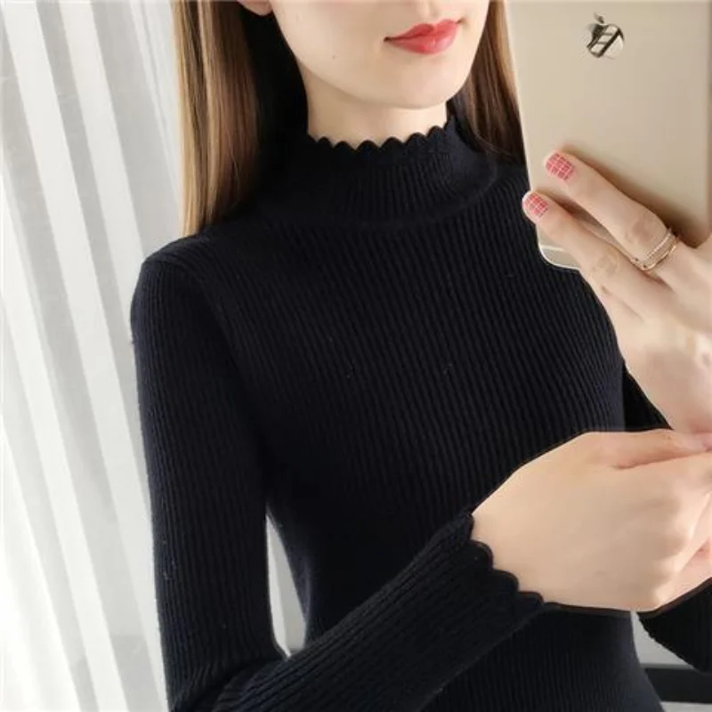 Women's Autumn and Winter New High Neck Pullover Bottom Shirt Commuter Fashion Casual Solid Versatile Sweater Long Sleeved Tops