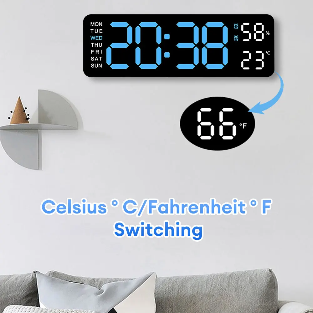Digital Wall Clock Large Temp Date Week Display 12/24 Hour Wall-mounted Alarm Clock USB Dimming Electronic Home Decor