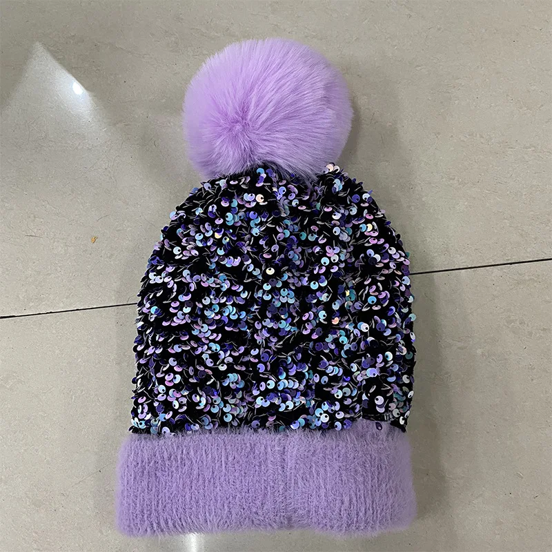 New hat knitted beanie autumn winter sequined furball hat women's korean version women's fashion thickened winter toe hat_voghion.com
