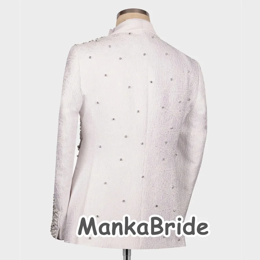 Men Wedding Suits Luxury Wedding Tuxedo Ivory Formal Groom 3pcs Blazer Vest Pants Appliques Crystals Tailored Made Formal Party Suit