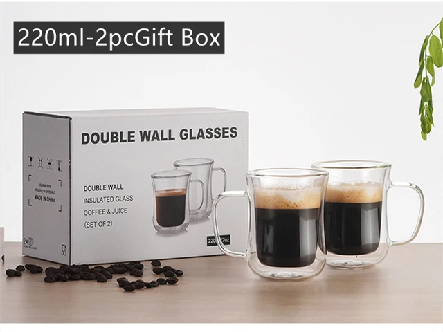2pc/6pc Double-layer Heat-resistant Glass Coffee Cup Transparent Tea Beer Coffee Water Cups Heat Preservation cup Gift set 220ML-2PC gift box