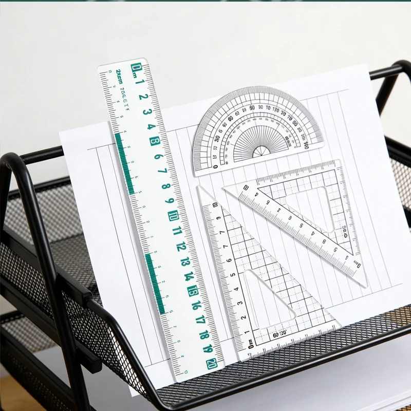 4종 자 세트 학생용 문구 자, 각도기, 삼각자, 측정 도구, 그림 그리기, 수학, 기하학 도구