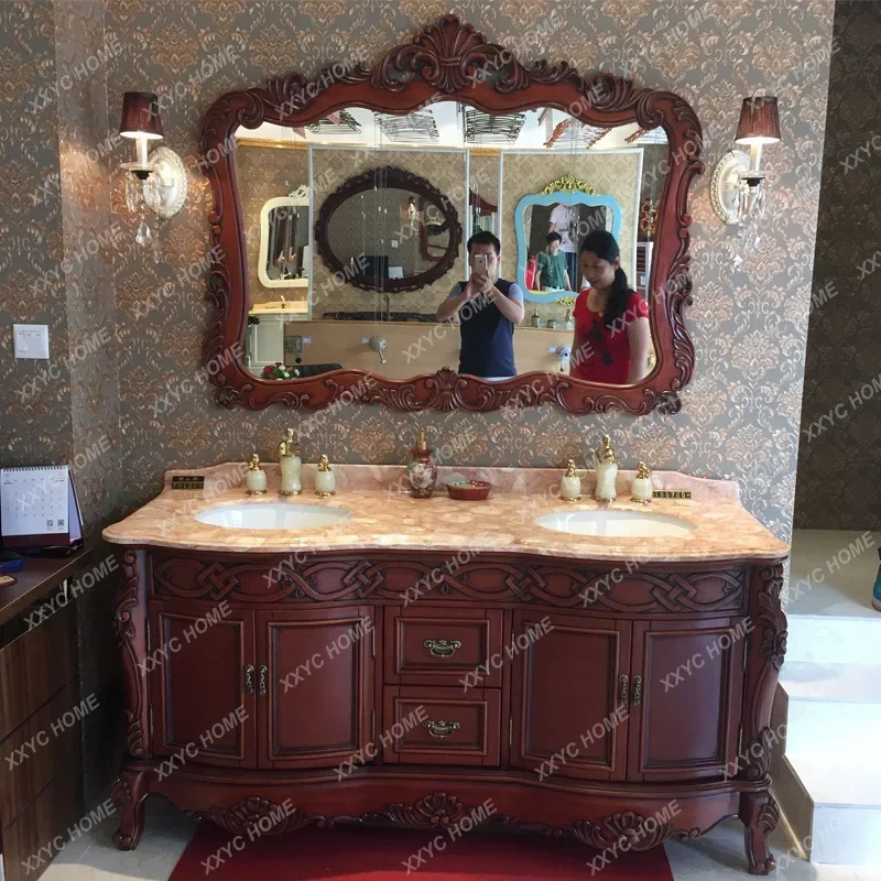 

European-Style Bathroom Cabinet Red Oak Washbasin Cabinet Combination Antique Wash Basin Cabinet Marble Inter-Platform Basin