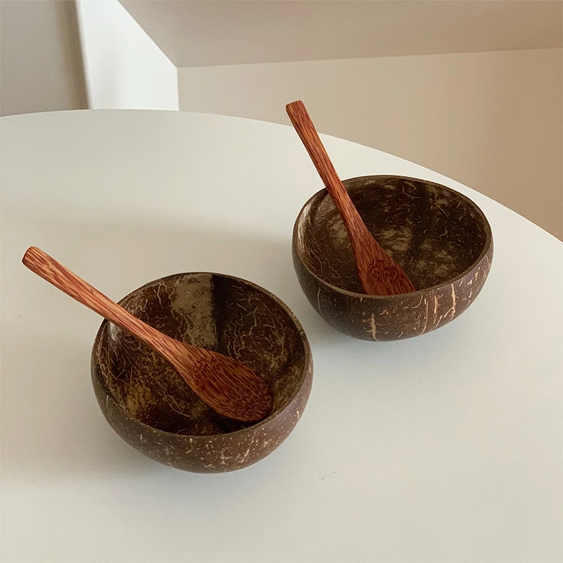 Natural Coconut Bowl Wooden Handmade Coconut Bowls for Eating Tableware Fork Spoon for Dessert Fruit Salad Mixing Rice tableware set wooden tableware
