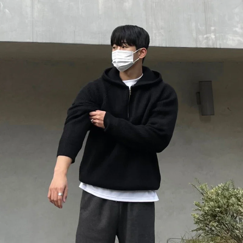 Winter Clothing Men's Luxury Knitted Zipper Hooded Pullovers Sweater Casual Streetwear Striped Solid Color Long Sleeve Hoodie AA