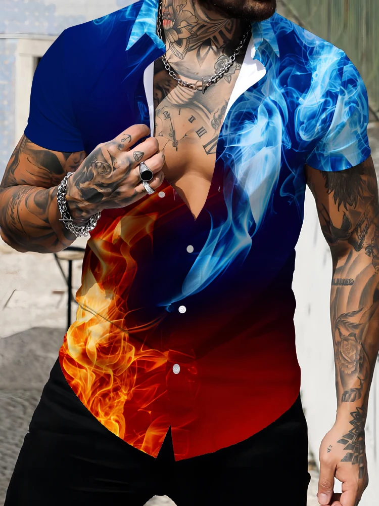 Description Picture 3 of item2024 Five color Flame 3D Digital Printing Shirt Short sleeved Shirt Men's Casual Loose Half sleeved Cardigan Shirt Hot Selling