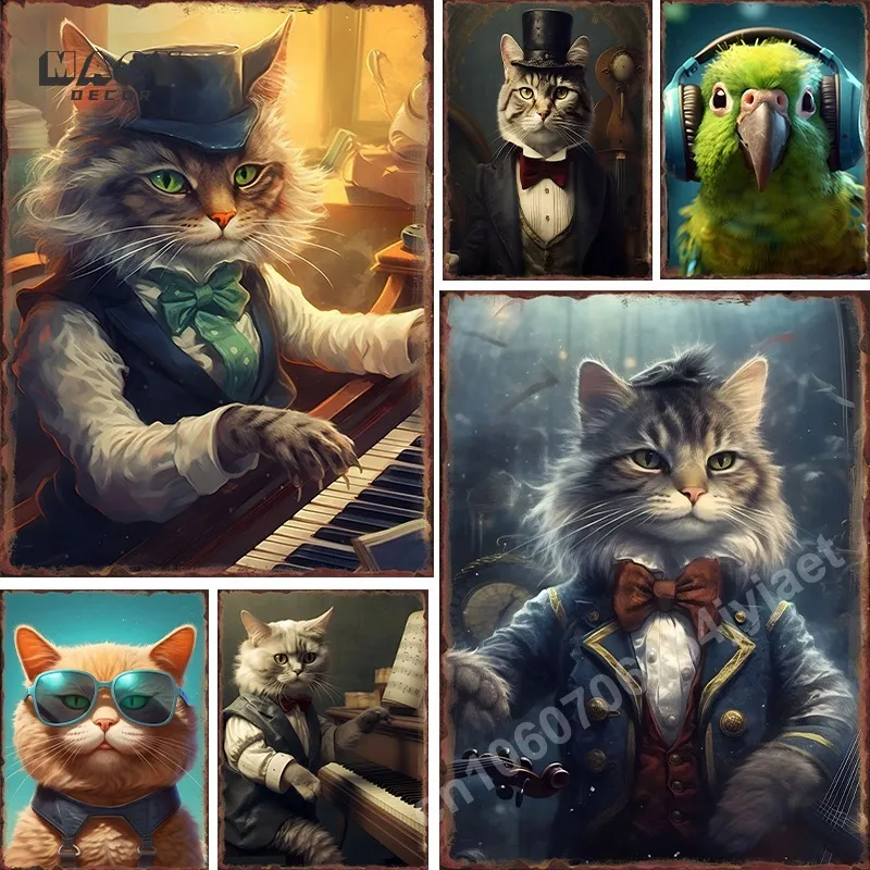 

Steampunk Interesting Animal Metal Signs Cute Cat Parrot Canvas Printing Wall Art Decor Metal Tin Sign Home Room Decoration