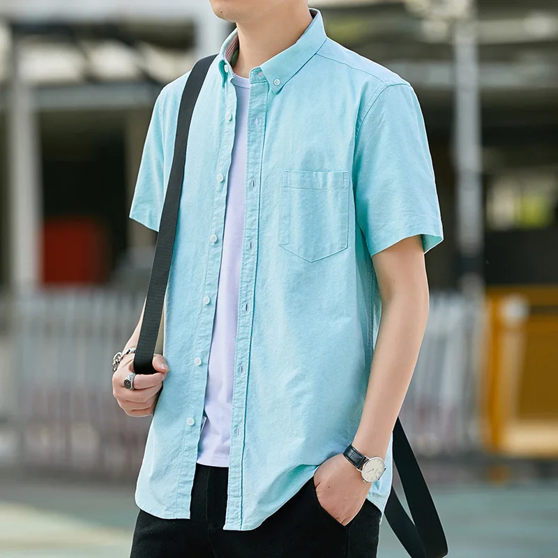 Half Sleeve Shirt Men Slim Cotton Pure Color Stripe Shirts Casual Short Sleeve Shirts for Men Single Pocket Men's