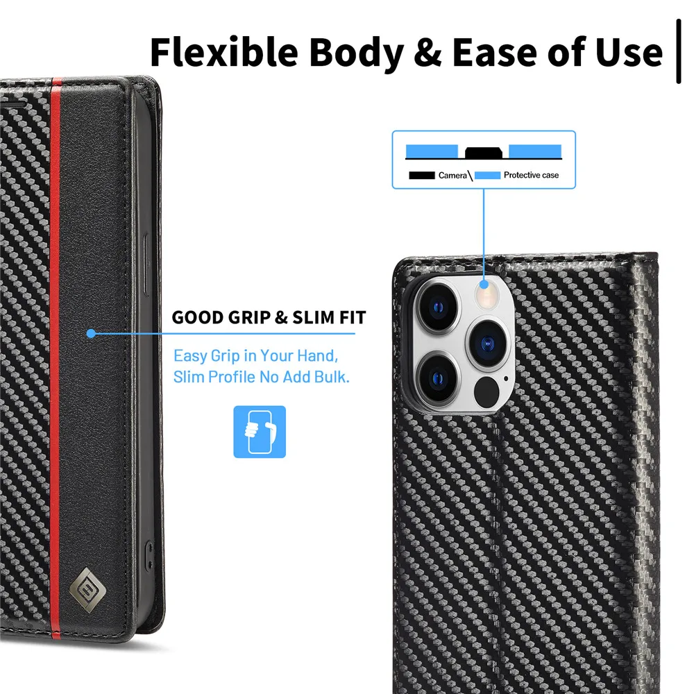 Sleek Carbon Fiber PU Leather Wallet Phone Case with Card Slot and Flip Cover