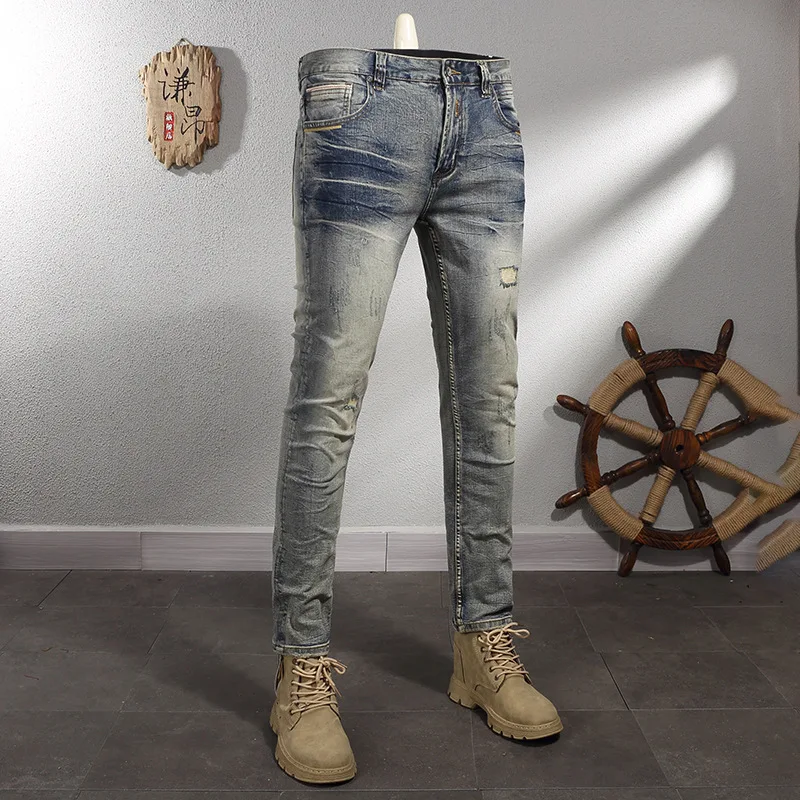 Retro Make Old Ripped Patch Stretch Slim Jeans Men's Trendy High Street Pencil Pants Trousers Nostalgic Men's Clothing retro womens jeans y2k streetwear skinny denim trousers 2023 fashion high waist pencil pants hip hop make old washed jeans