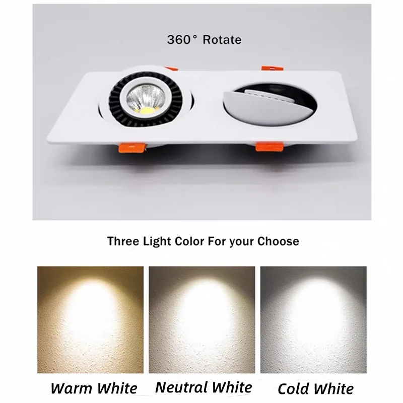 360 Angle Rotatable LED Recessed Downlight Square 10W 14W 20W 24W LED Ceiling lamp Dimmable COB Spot Light for Background lights