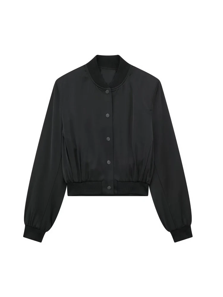 

Kumsvag 2023 Womens Autumn Jackets Short Coats Casual Solid O-Neck Pockets Satin Female Elegant Street Outerwear Clothing