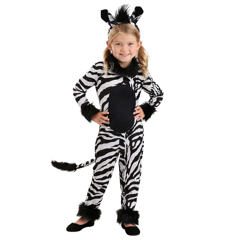 Kids Zebra Costume Children's Animal Jumpsuit with Headband Tail Plush Trim Halloween Party Dress Up Outfit