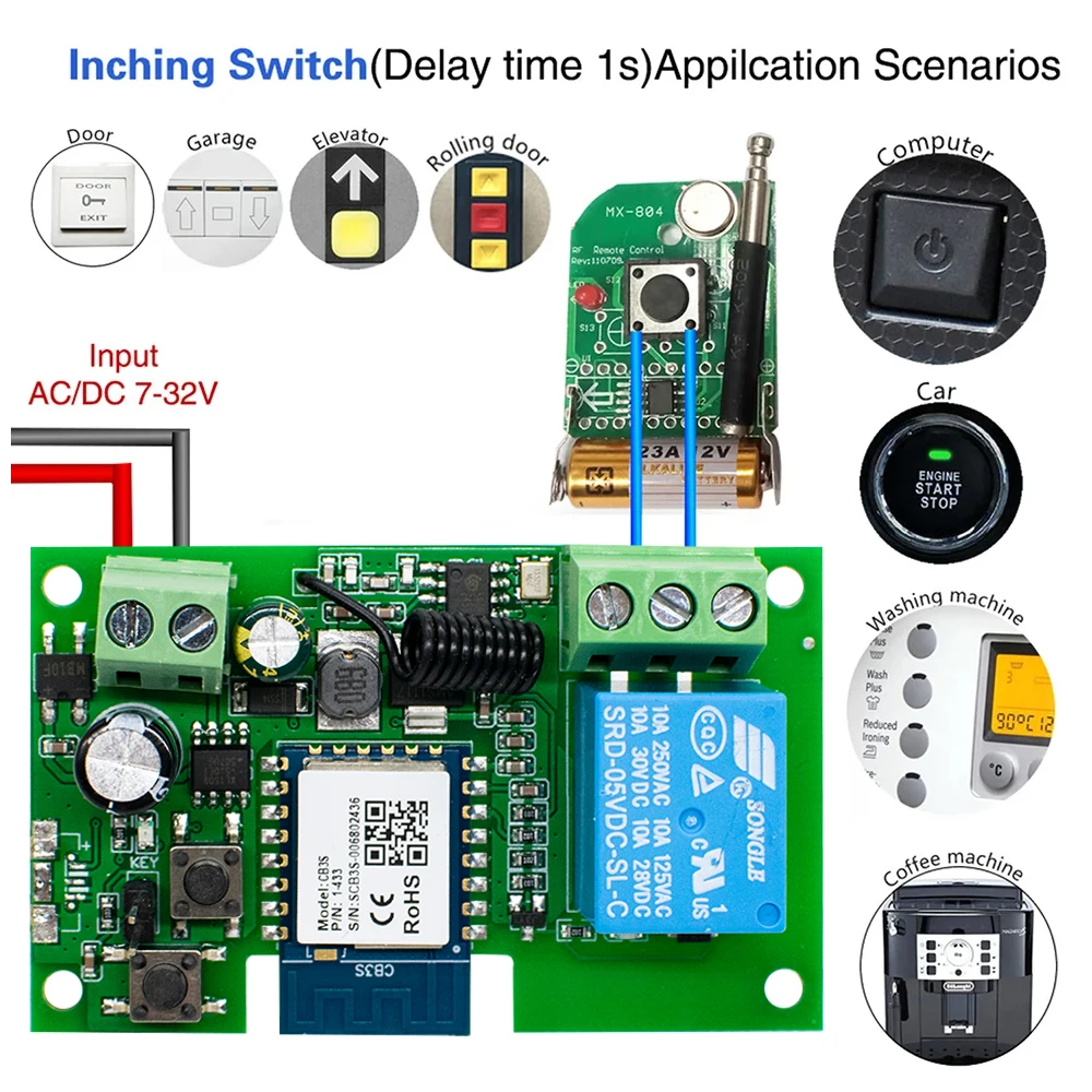 Smart WiFi Garage Door Access Switch with RF Remote and Pulse Relay Module