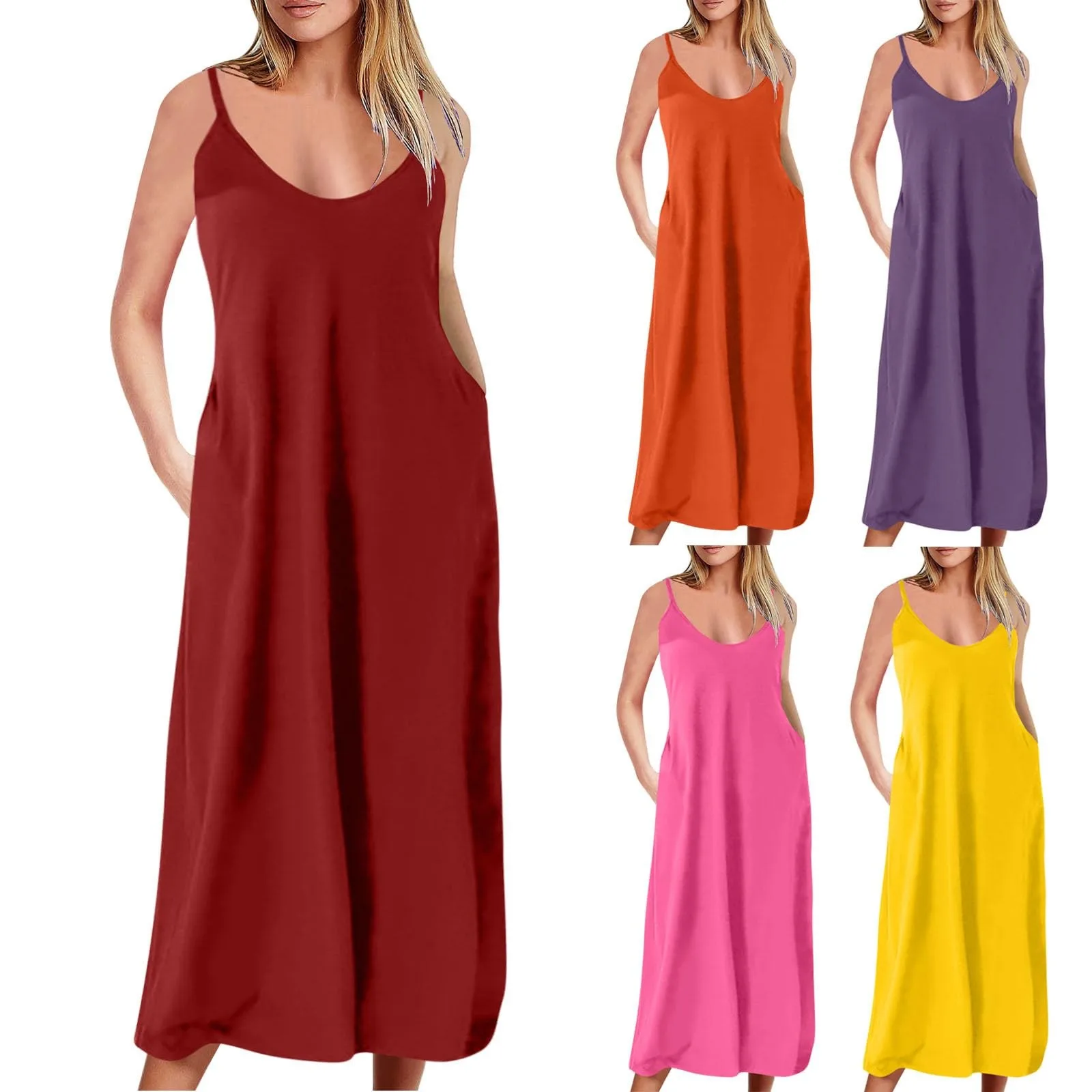 

Women's Summer Dresses U Neck Casual Solid Color Short Sleeved Dress New Elegant Loose Midi Dress With Pockets فساتين طويلة