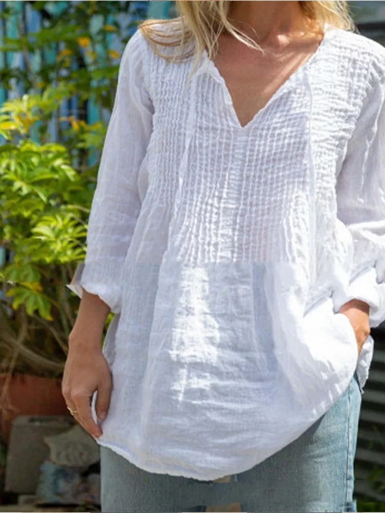 

Oversized Women Blouses Solid Cotton Linen Blouse Spring Autumn Shirts Casual Long Sleeve V Neck Loose Shirt Lady Tops 2024