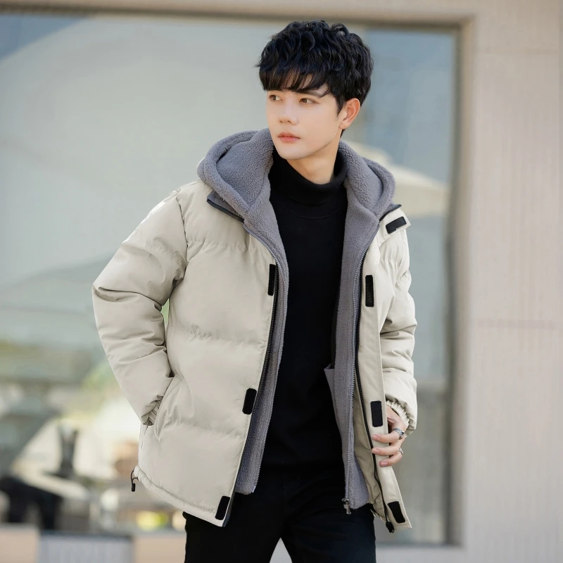 Winter Men's Fake Two Piece Hooded Cotton Coat Fashion Solid Color Oversized Loose Thickened Warm Polar Fleece Jacket