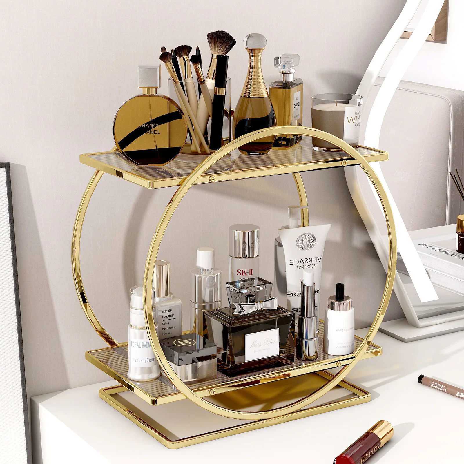 1pc Makeup Organizer Cosmetics Storage Holder Household Skin Care Products Dresser Bathroom Desktop Large Capacity Storage Shelf 3